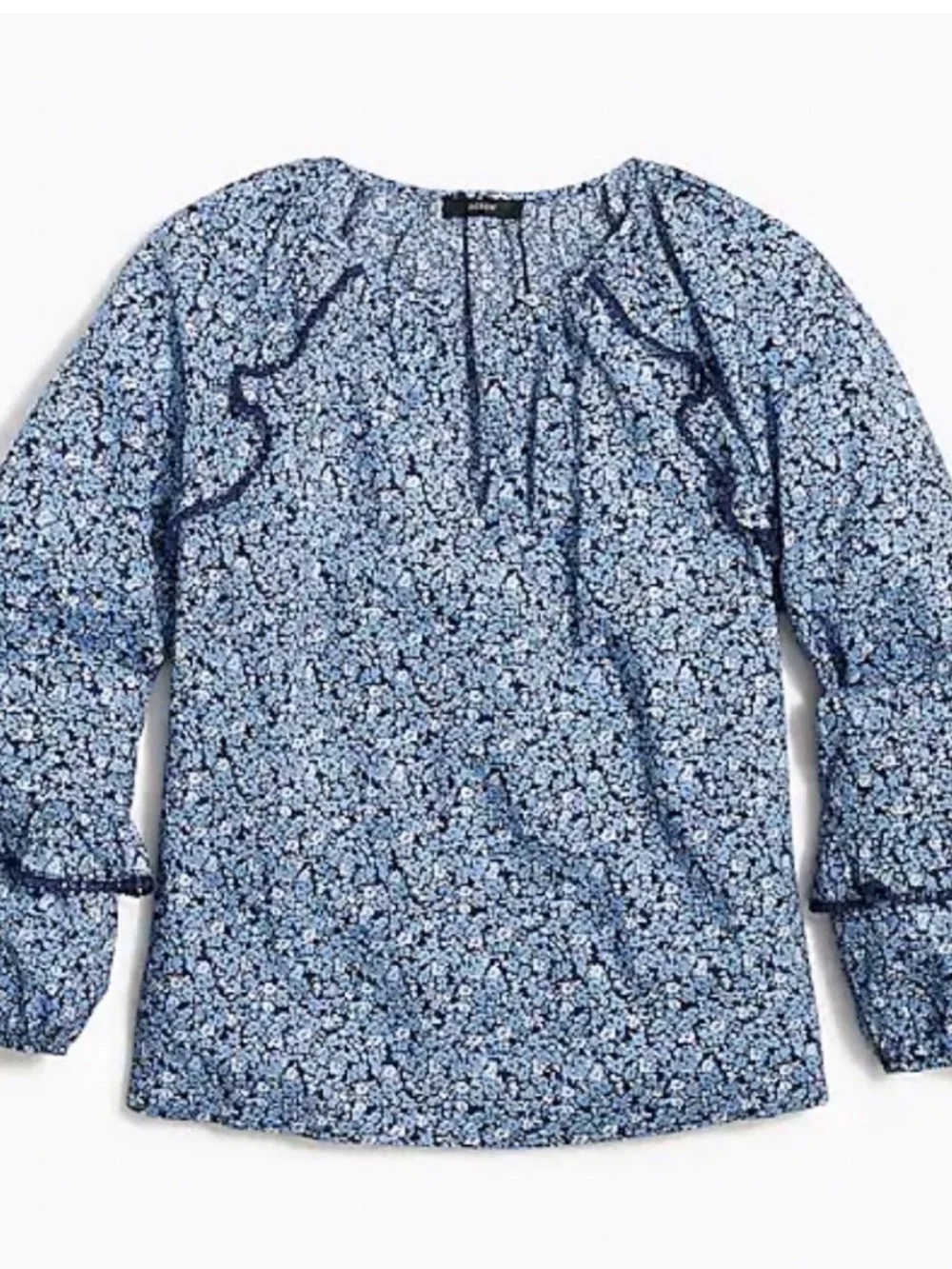J. Crew Blue Micro-Floral Split V-Neck Blouse Sz M